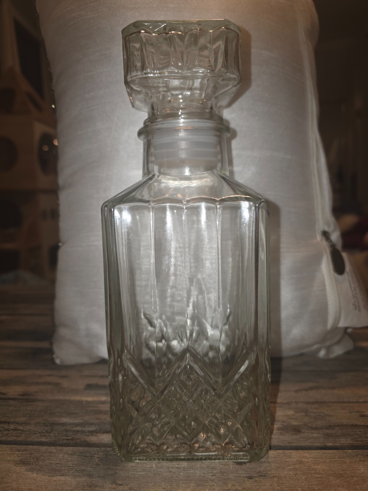 Vintage Mid-Century Square Glass Whiskey Decanter Geometric Diamond Cut