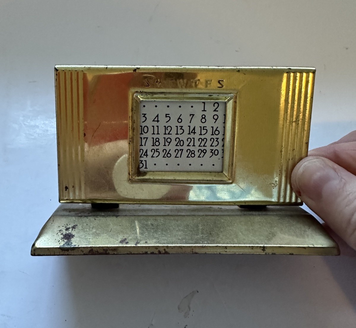ANTIQUE Brass Perpetual Desk Calendar, Slide On Back Works