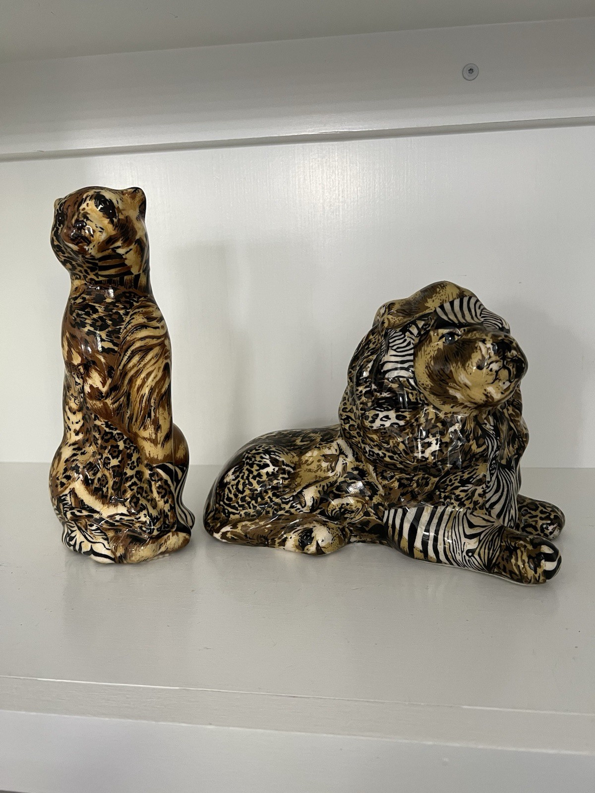 Vintage La Vie Safari glazed patchwork sitting lion and cheetah figurines