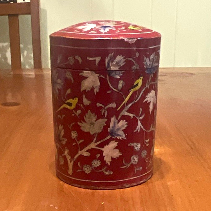 Vintage Kashmiri Lacquerware Canister Hand Painted Birds Floral India Red Box Vintage Kashmiri Lacquerware Canister Hand Painted Birds Floral India Red Box