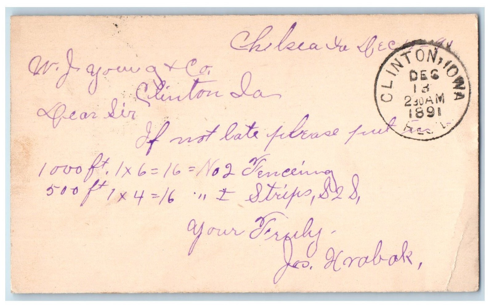 1891 Jas Hrabak WJ Young & Co. Chelsea Iowa IA Clinton IA Postal Card 1891 Jas Hrabak WJ Young & Co. Chelsea Iowa IA Clinton IA Postal Card