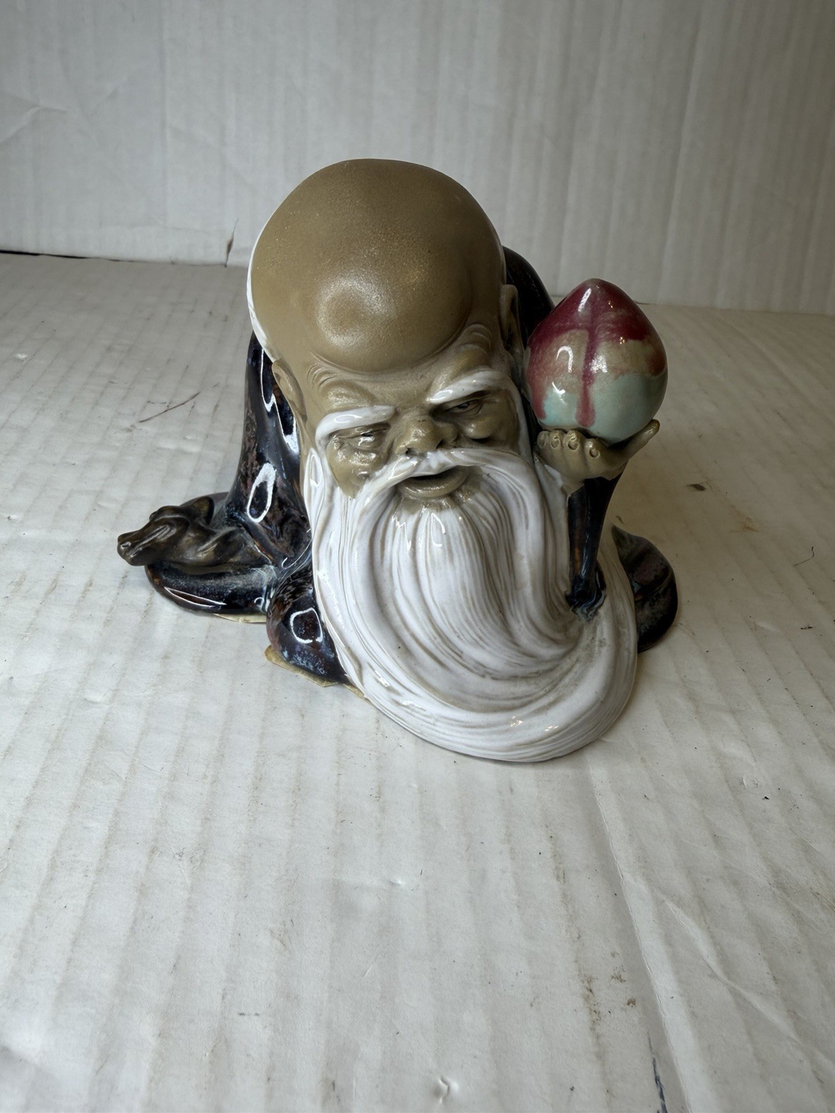 Vintage Chinese Shiwan Mudman Shou Lao God of Longevity Figurine Peach