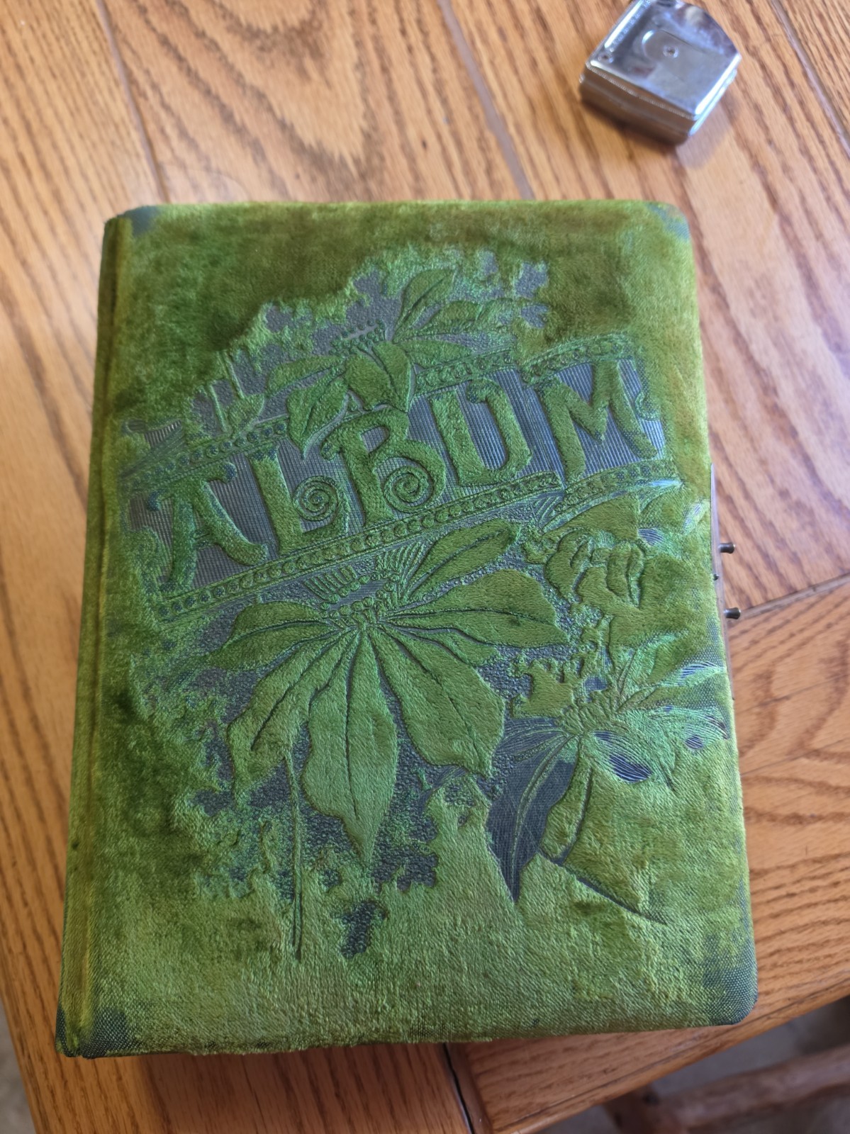 Antique Victorian Art Nouveau Embossed Green Velvet Photo Album