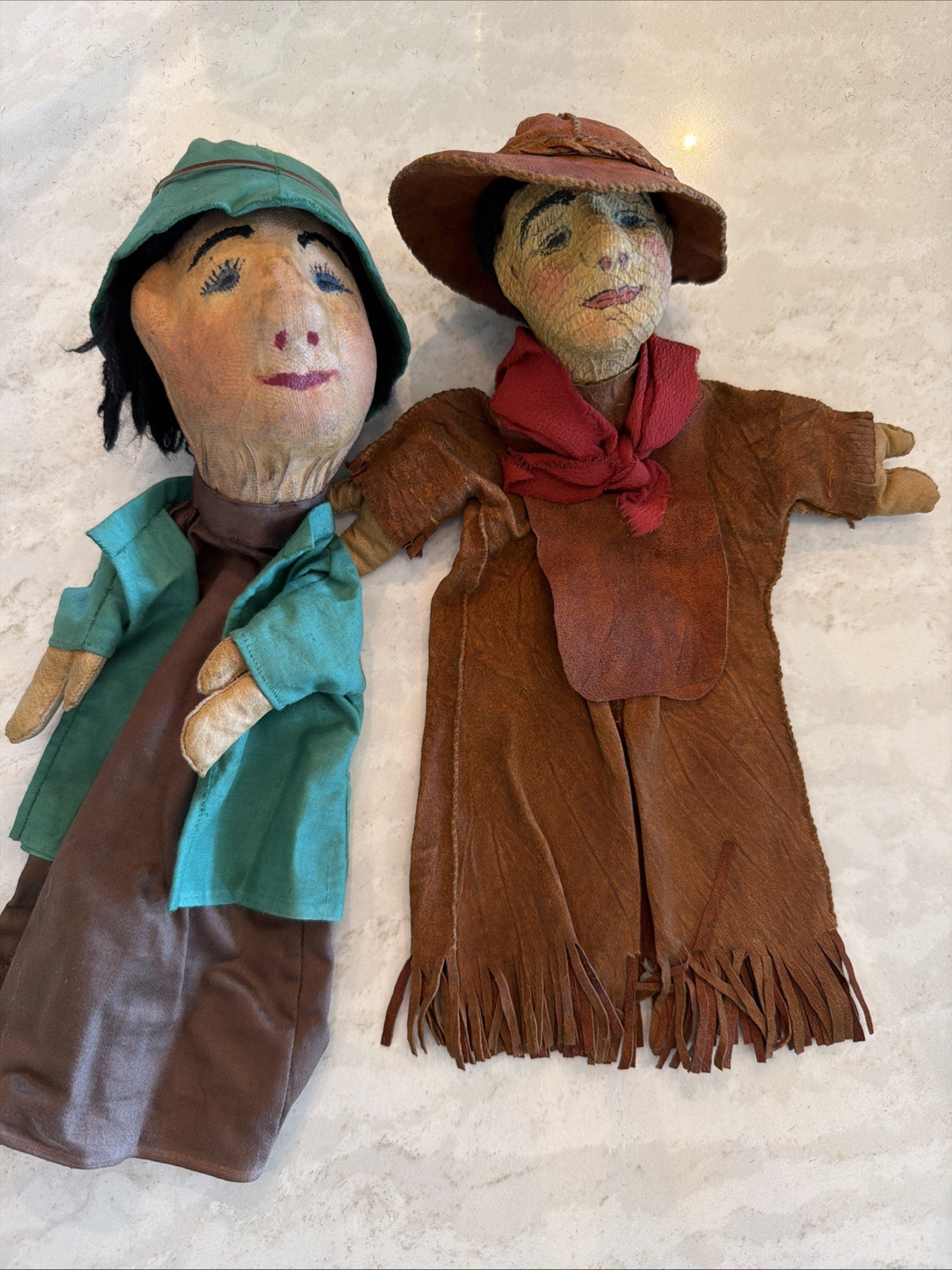 Vintage Mexican Folk Art Hand Puppets Papier Mache Leather Vaquero Pair