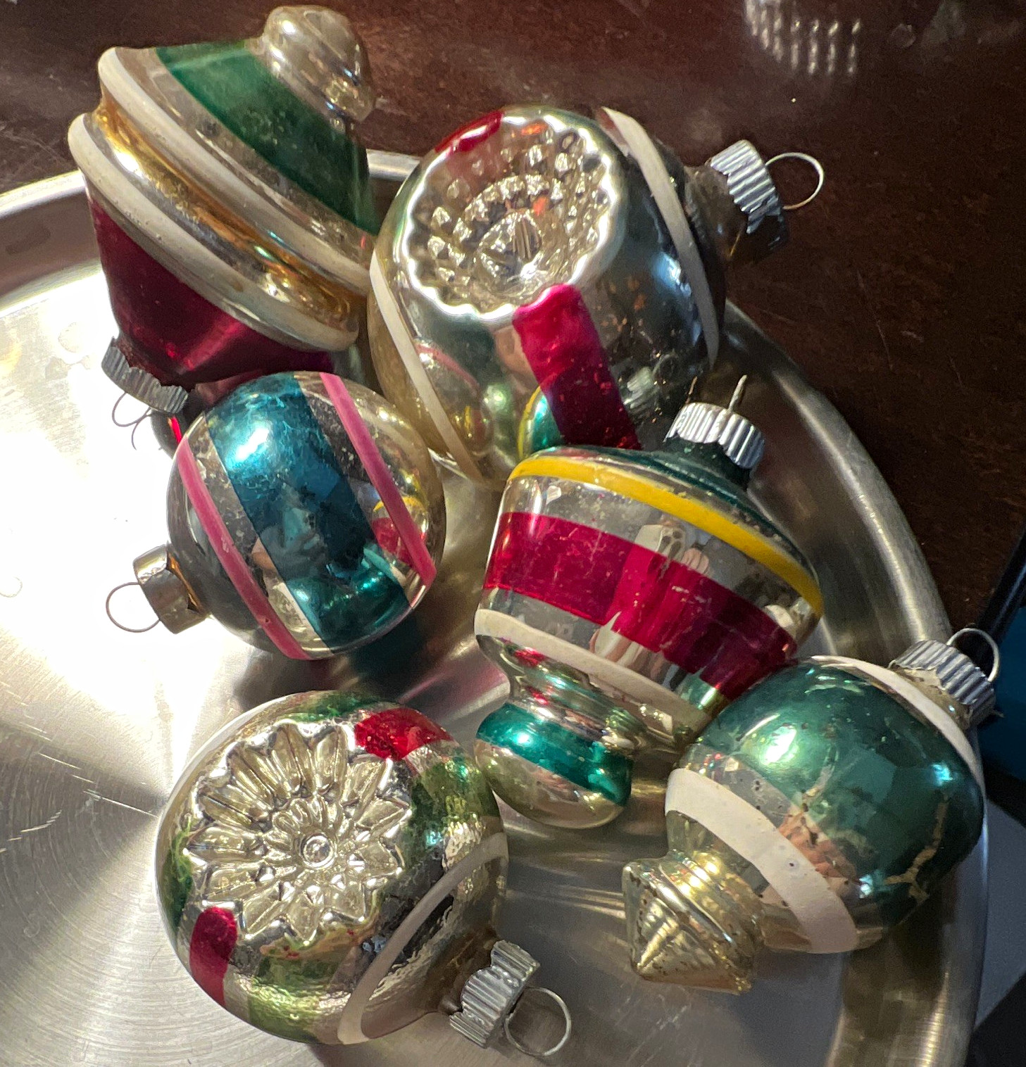 Vintage Shiny Brites 6 Tornado Double Indent Round Stripe