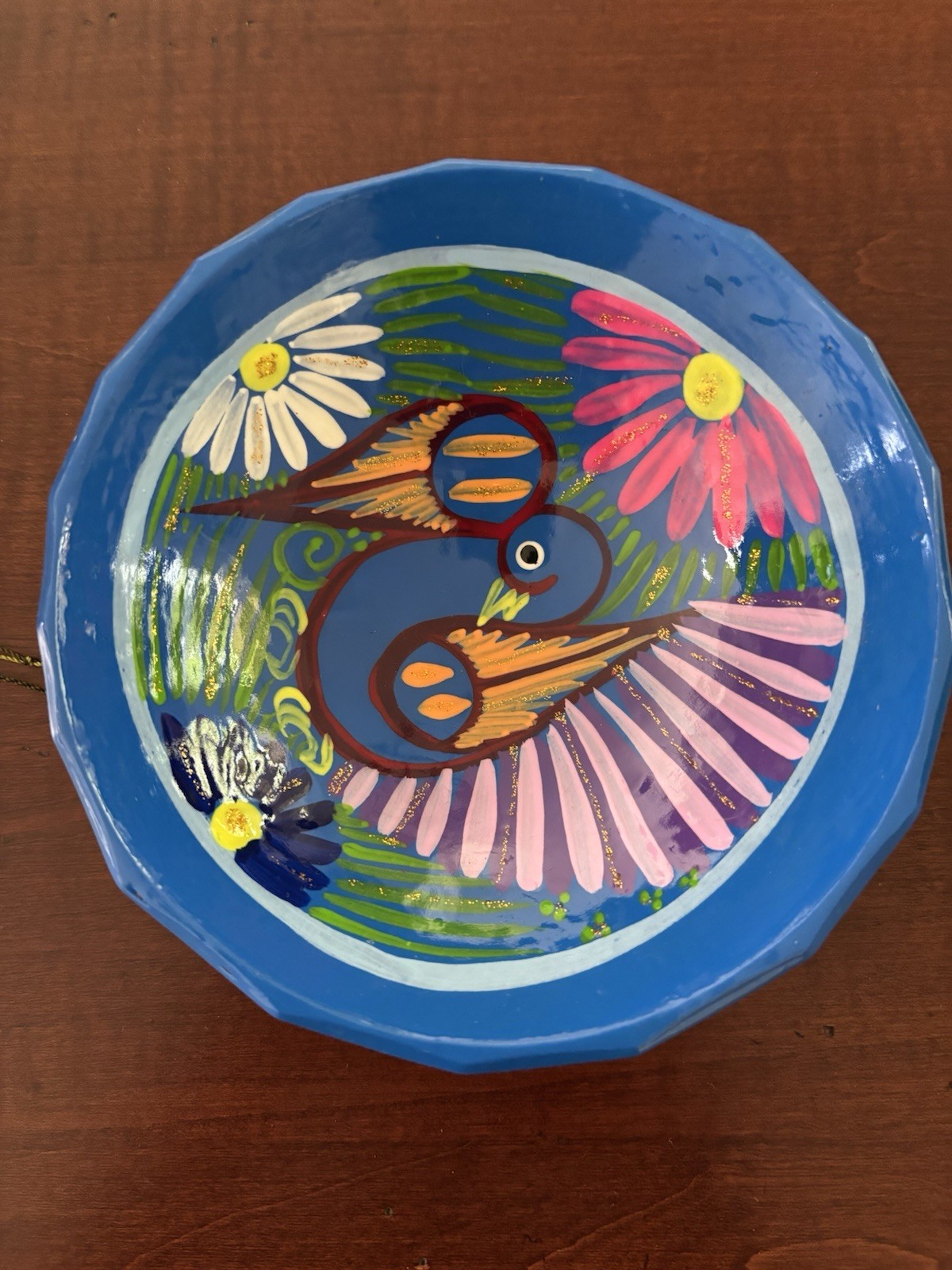 NWOT Mexican Talavera Hand Painted Pottery 3 Footed Bowl Abstract Bird Blue