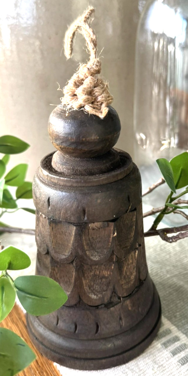 Antique WOODEN School Bell, Dinner, Farmhouse, Church CARVED WOOD BRASS JINGLE