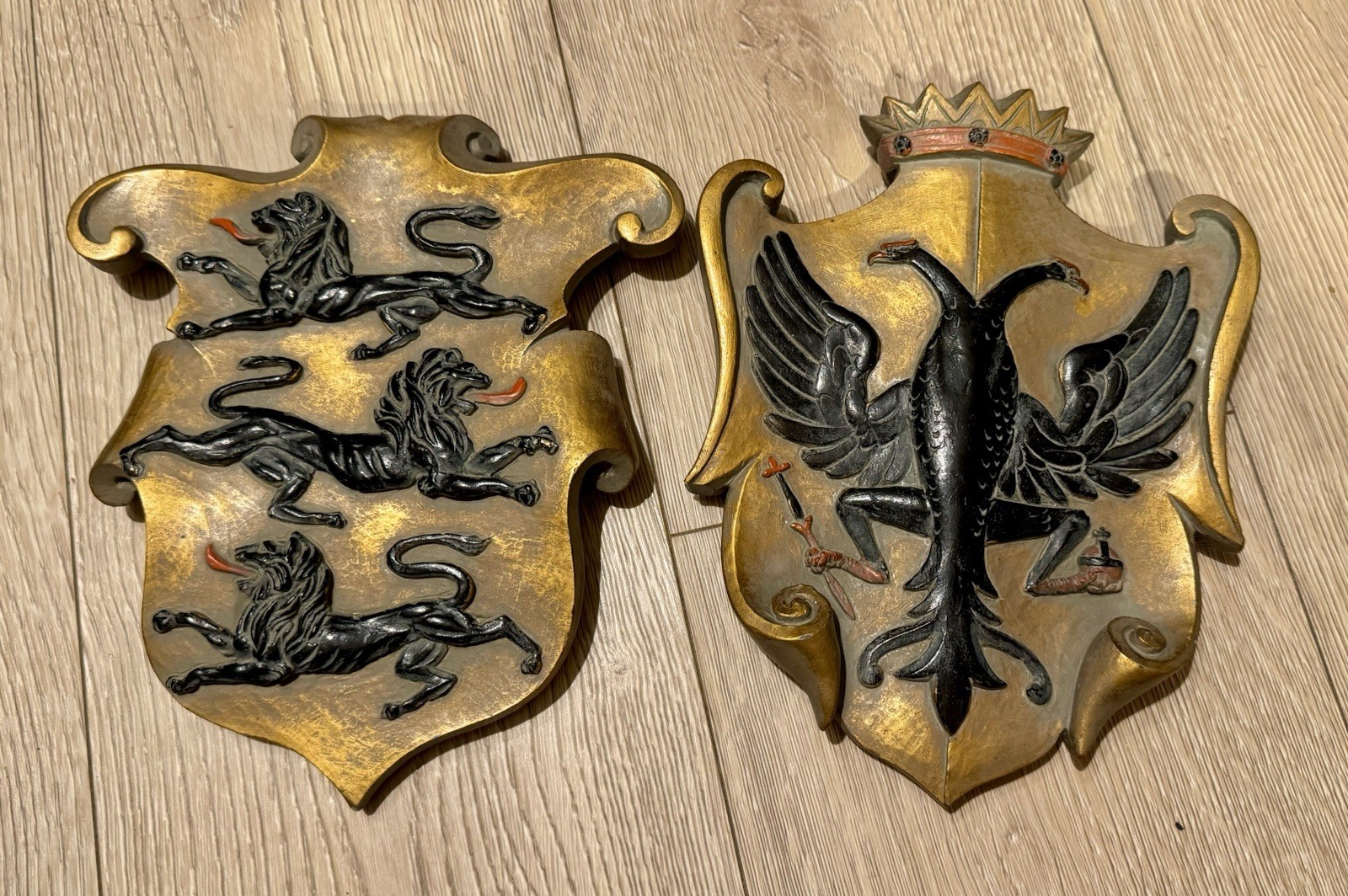Vintage Heraldic Wall Plaques Pair – Double Headed Eagle & Three Lions Crest