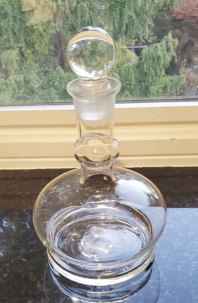 Mid Century Clear Hand Blown Glass Decanter Ball Stopper Frosted Neck