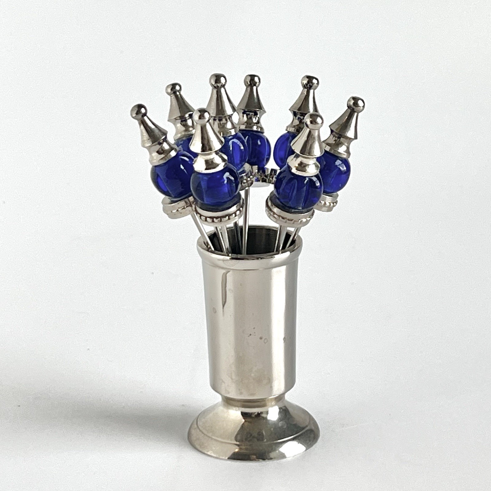 Cocktail Picks Set 8 Cobalt Blue Glass Chrome Holder MCM Barware Vintage