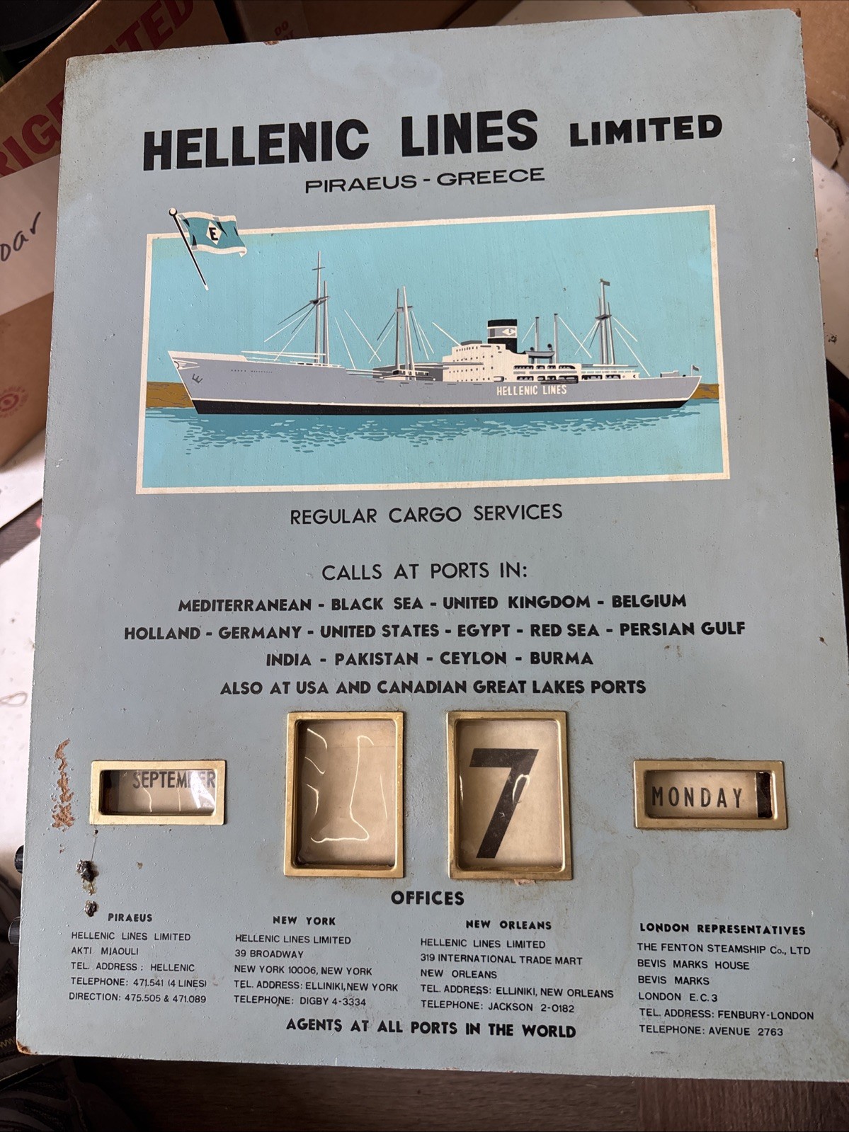 Vintage Hellenic Lines Limited Perpetual Calendar Cargo Ship Advertising Greece