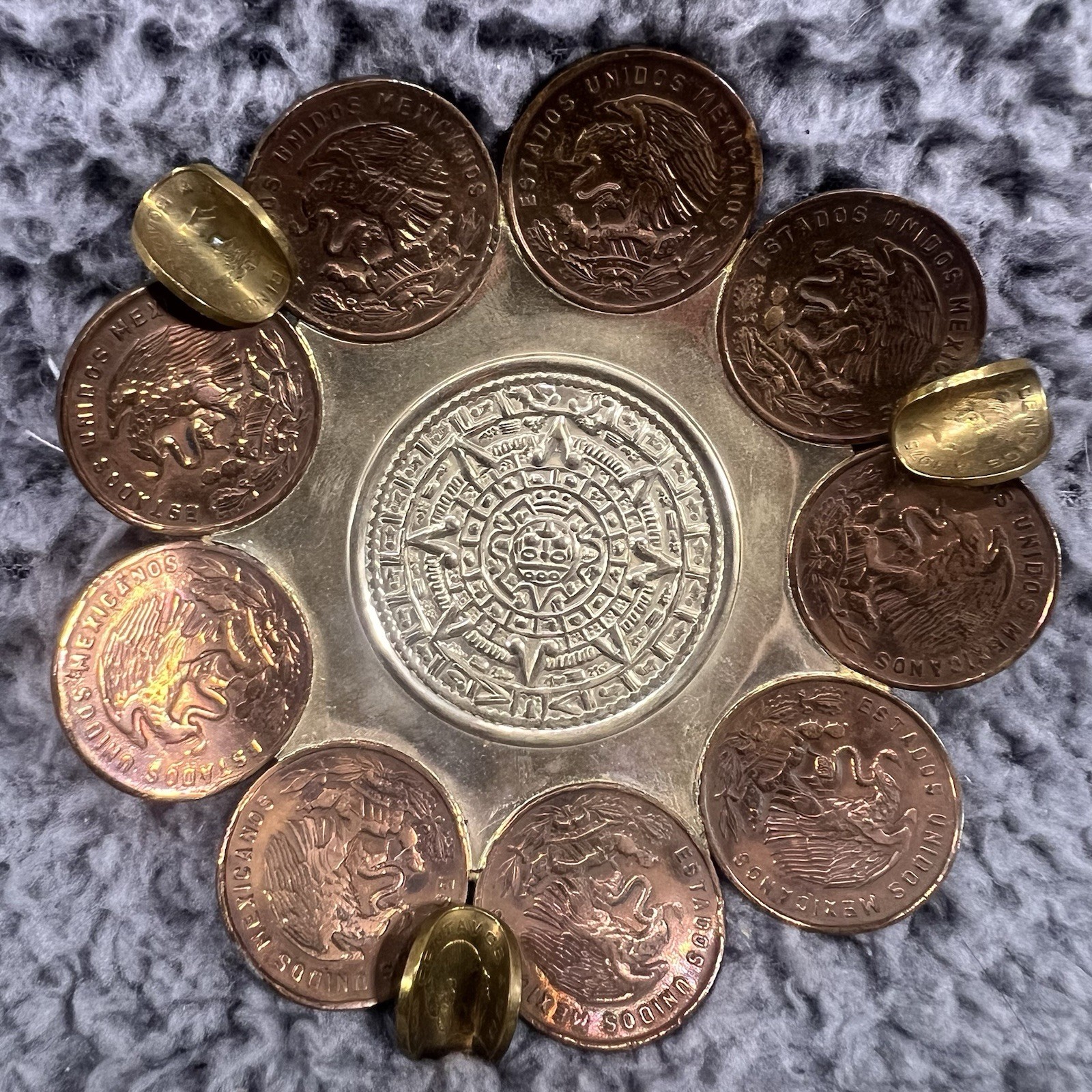 Vintage Handmade Mexican Centavos Ashtray With Mayan / Aztec Calendar 1970s Art