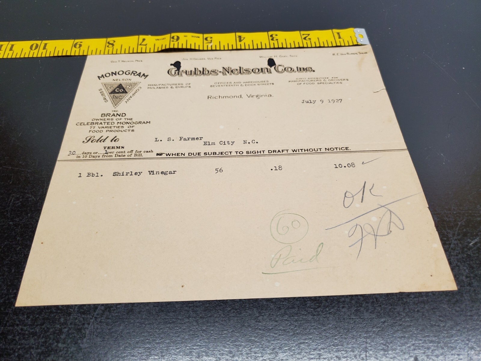 1927 Grubbs-Nelson Co. Inc. Invoice - Monogram Brand - Richmond Virginia 1927 Grubbs-Nelson Co. Inc. Invoice - Monogram Brand - Richmond Virginia