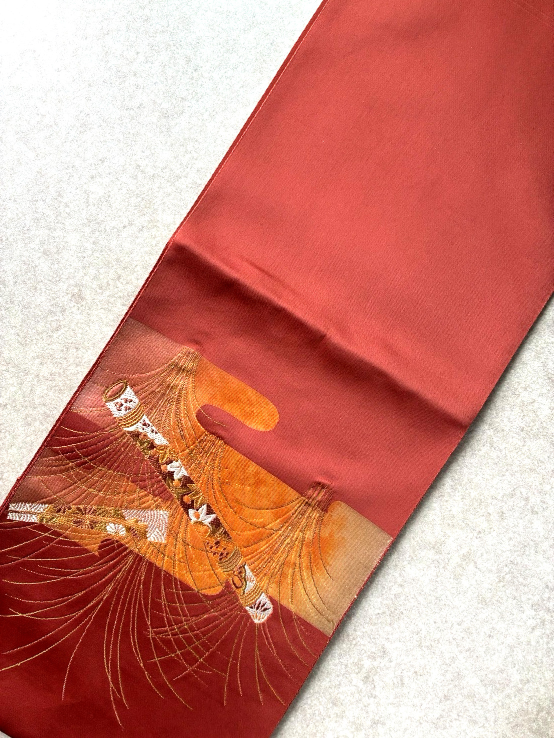 Excellent Fukuro Obi Silk Maroon Gold Table Runner Wall Hanging Kimono Vintage