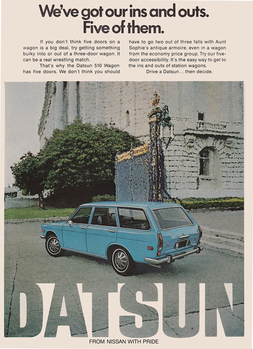 1971 Datsun: We\'ve Got Our Ins and Outs Five Of Them Vintage Print Ad 1971 Datsun: We\'ve Got Our Ins and Outs Five Of Them Vintage Print Ad
