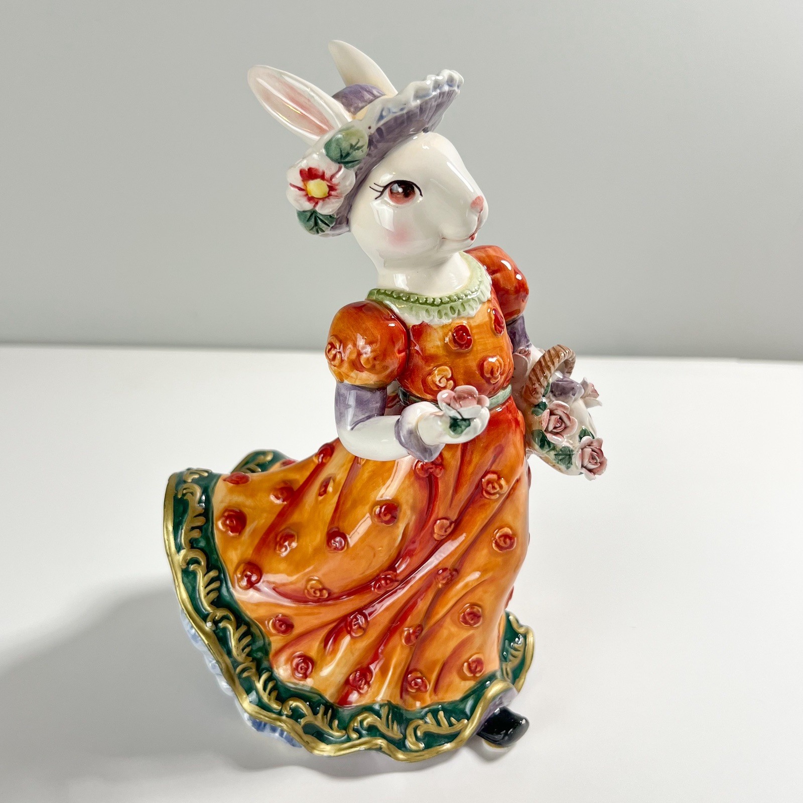 Hand Painted Ceramic Lady Bunny Rabbit Figurine Orange Dress Flower Basket 7.5” Hand Painted Ceramic Lady Bunny Rabbit Figurine Orange Dress Flower Basket 7.5”