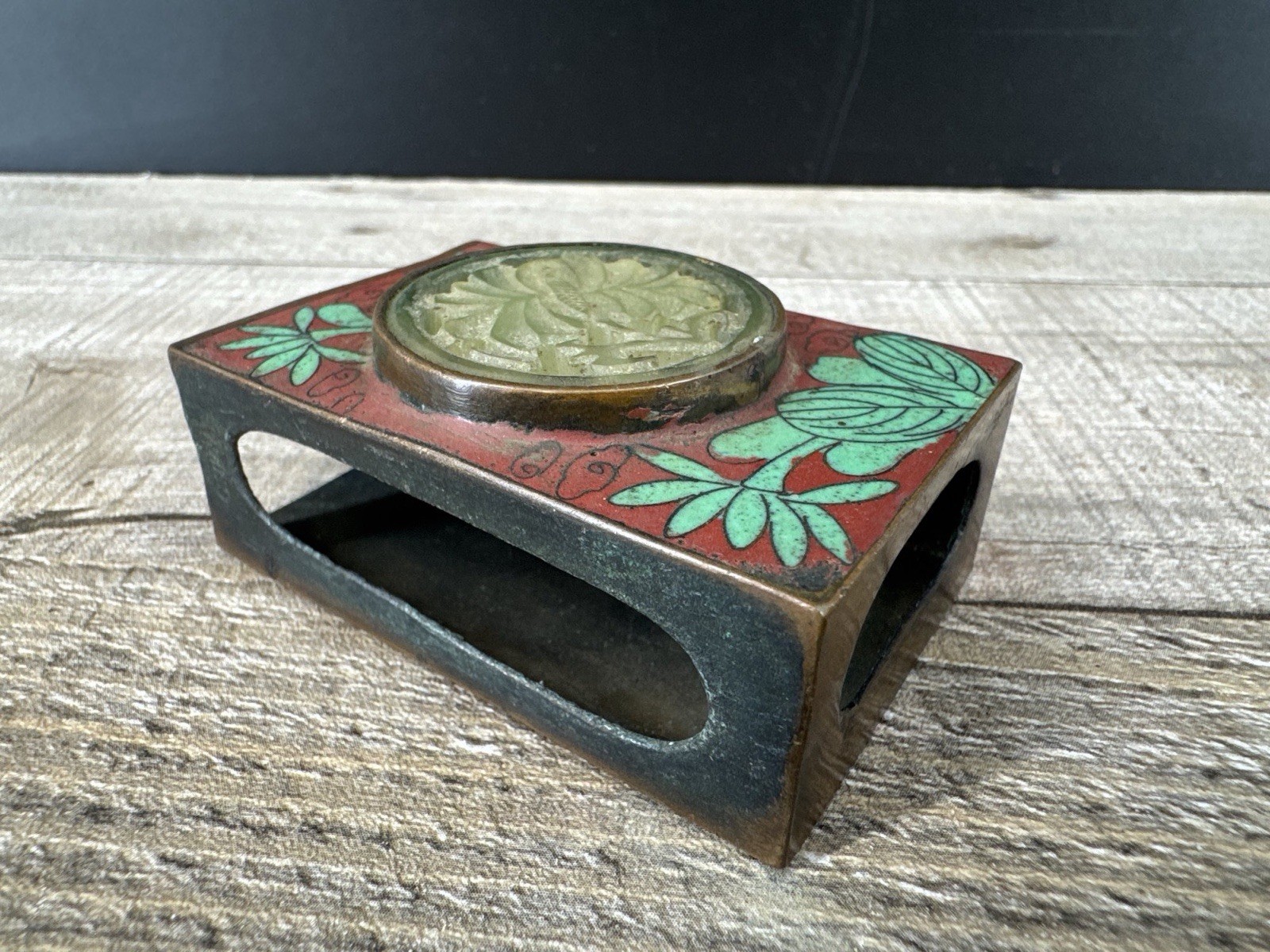 Antique Cloisonné Enamel & Jade  Matchbox Holder