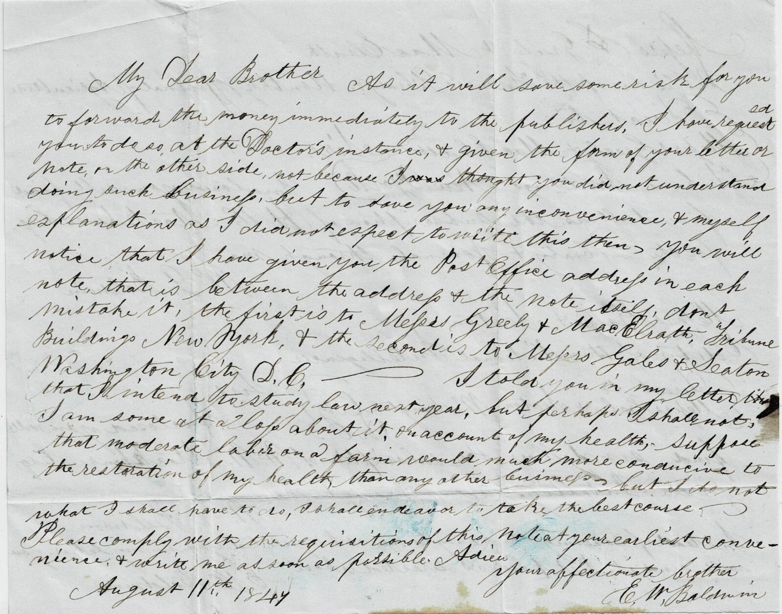 1847 Letter from E. W. Baldwin to his brother, W. G. Baldwin