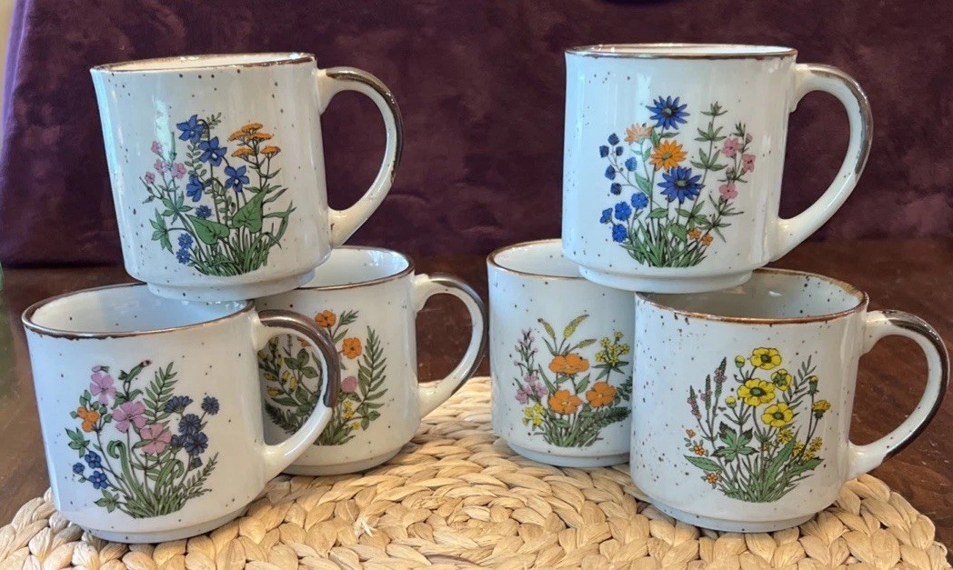 Vintage 1970s Takahashi Japan Wildflower Mugs Set 6 Speckled Stoneware Floral