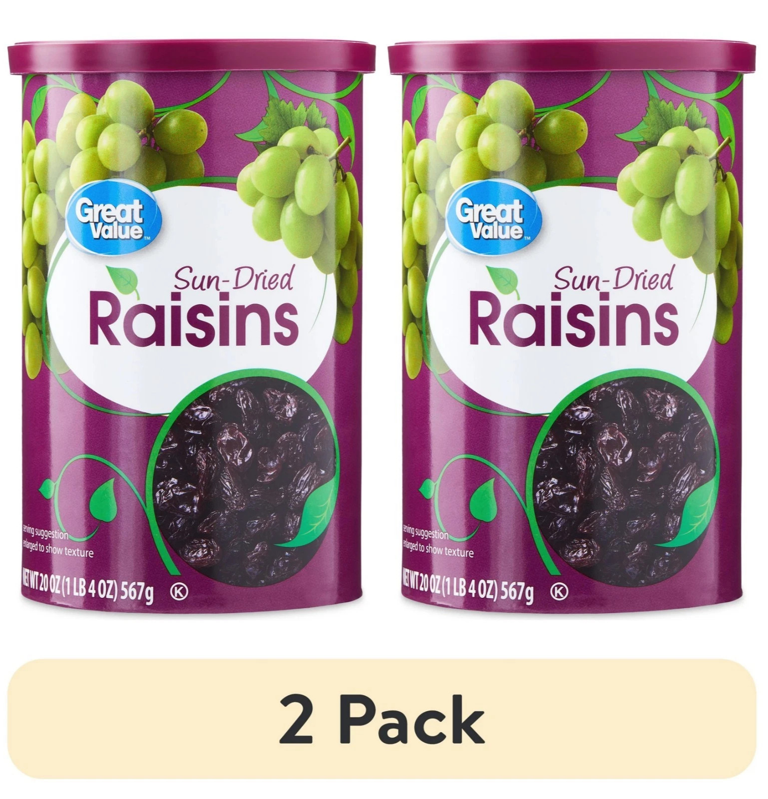 (2 pack) Great Value Sun-Dried Raisins Canister, 20 oz (1lb 4oz) 567g