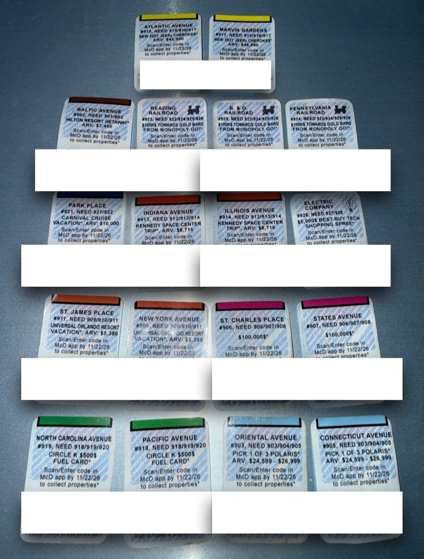 2026 McDonald\'s Monopoly Game -  18 Pieces - Unredeemed/New