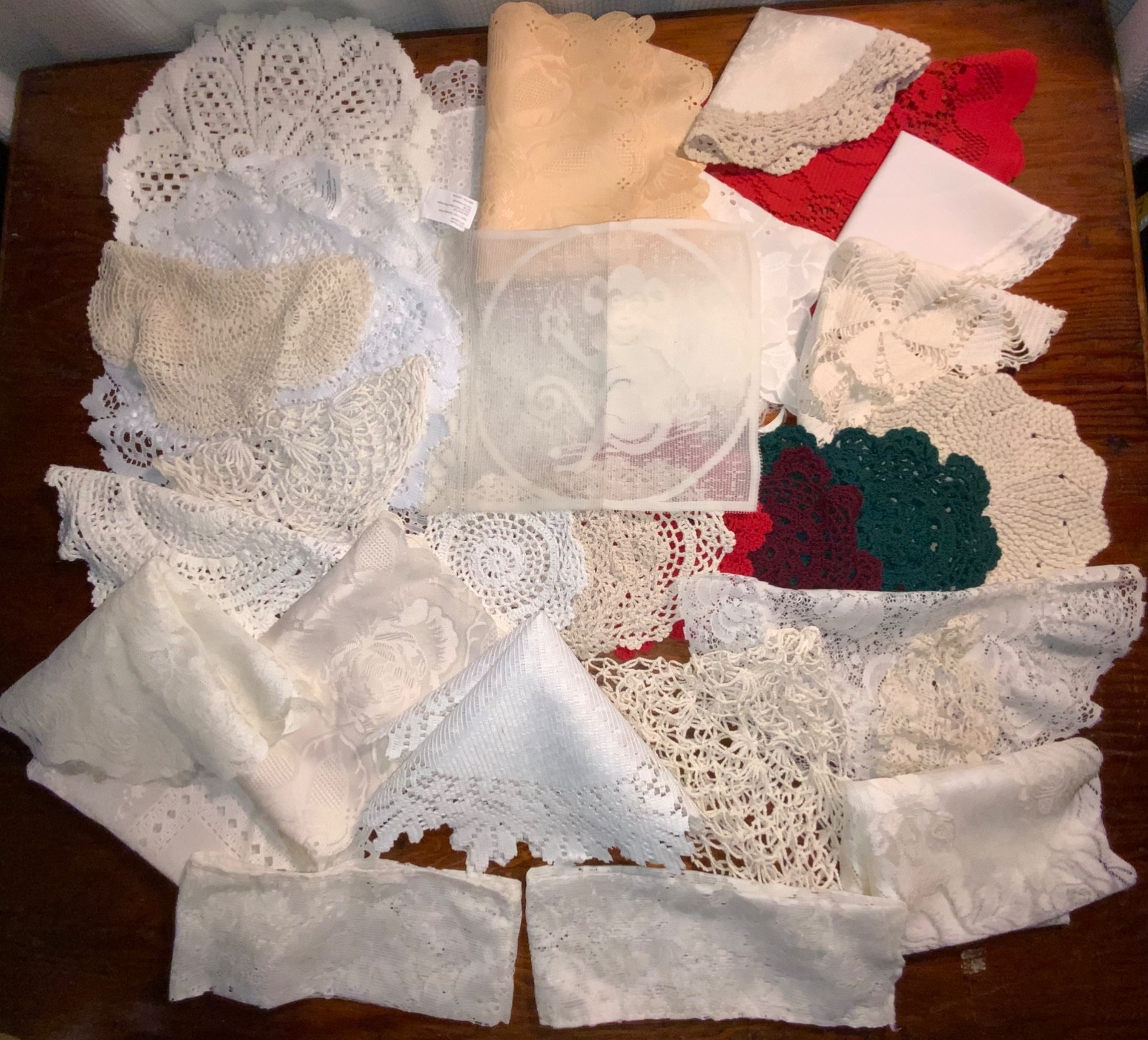 Vtg 38 Lot Hand Crochet + Lace Vinyl Synthetic Doilies Assorted Shapes