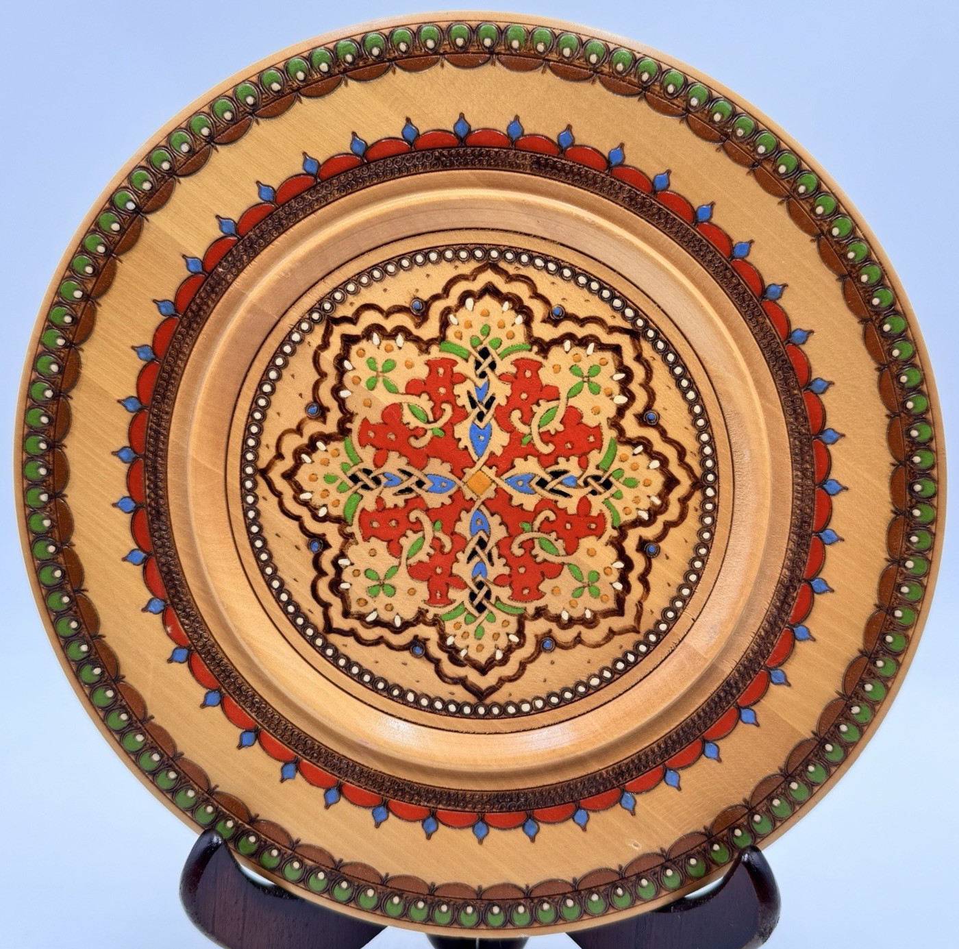 Polish Folk Art Pyrography Plate 9.75 Hand Carved Painted Wood Wall Art Vtg 