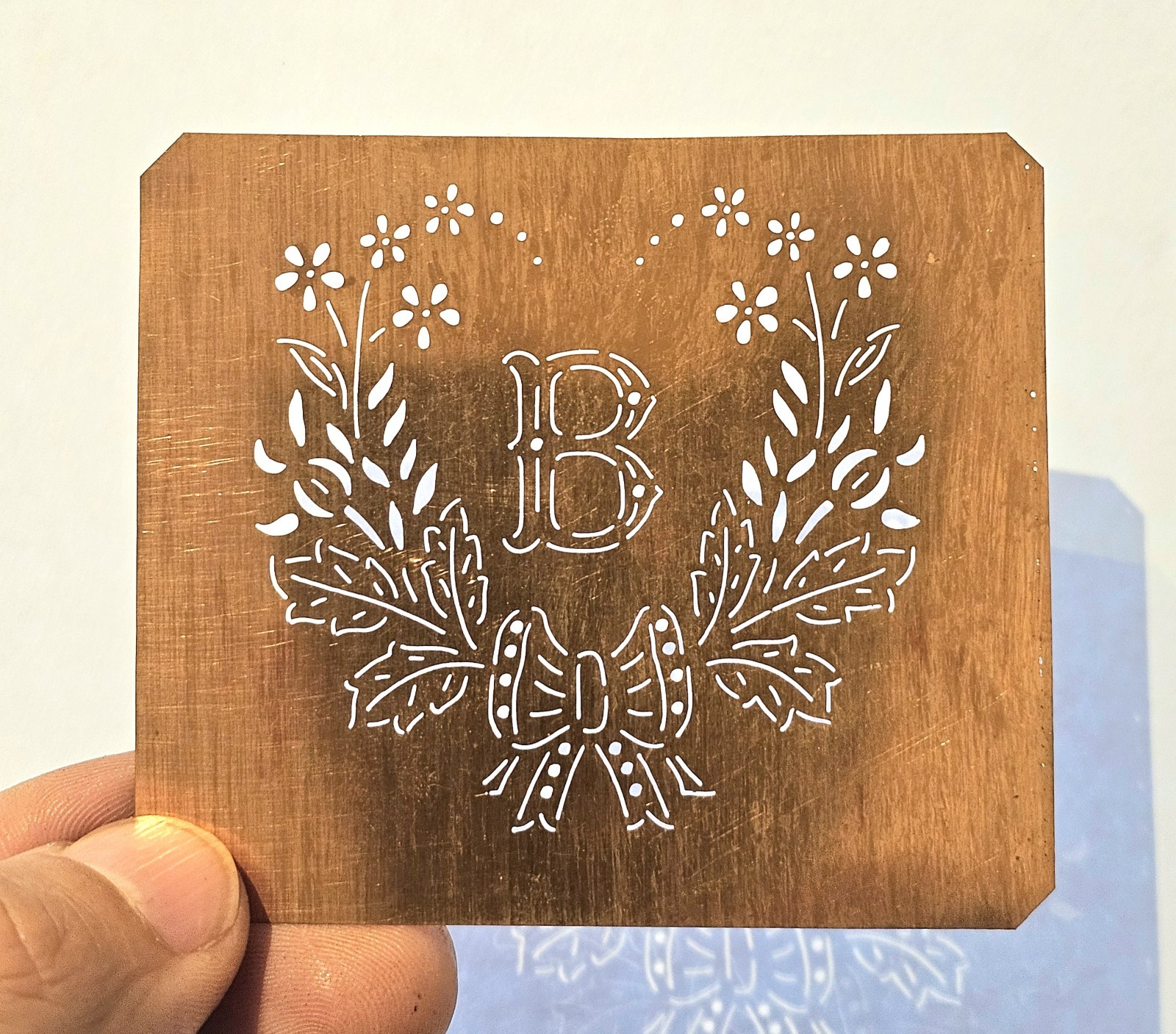 Antique Copper Monogram Stencil Letter B – Ornate Alphabet Plate c.1880–1920 B1