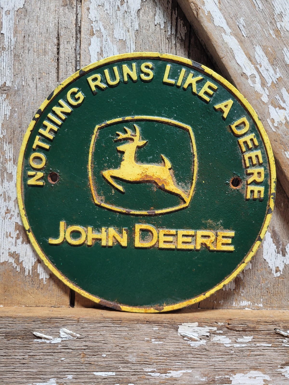 VINTAGE JOHN DEERE SIGN OLD CAST IRON PLAQUE FARM TRACTOR EQUIPMENT DEER BARN 9