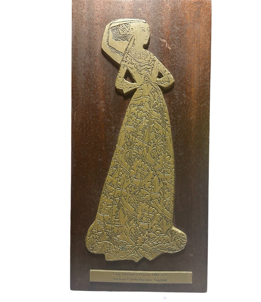 Vintage Margaret Peyton Brass Metal Rubbing Plate On Wood Wall Hanging Vintage Margaret Peyton Brass Metal Rubbing Plate On Wood Wall Hanging