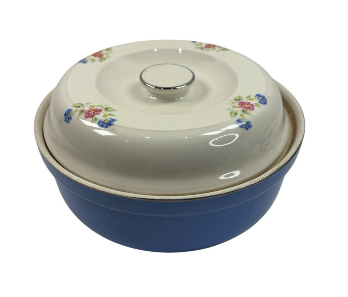 VINTAGE Hall's Cottage Blue Pink Floral Casserole Dish & Lid Silver Trim U.S.A.