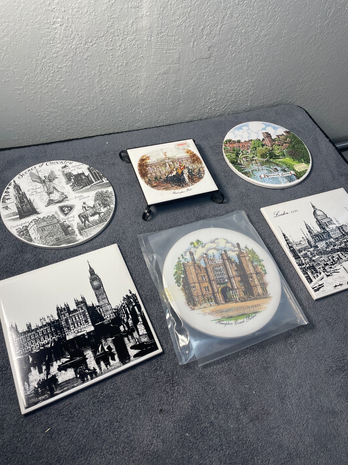 6pcs Vintage British Souvenir Tiles Trivets London Coventry Warwick H&R Johnson 6pcs Vintage British Souvenir Tiles Trivets London Coventry Warwick H&R Johnson