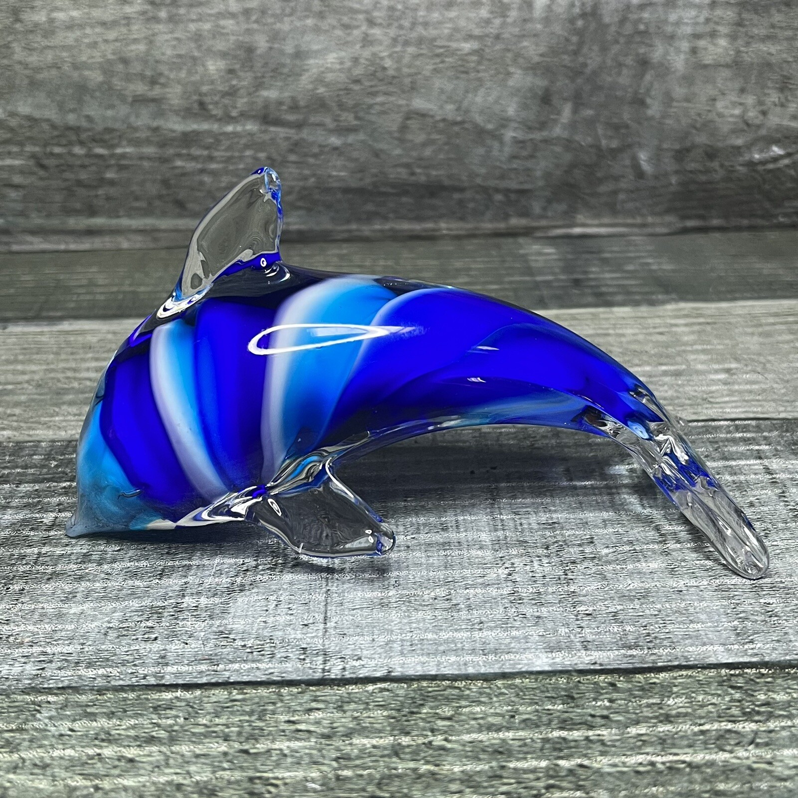 Art Glass Dolphin Diving Figurine Paperweight Blue, Aqua, & White 5”