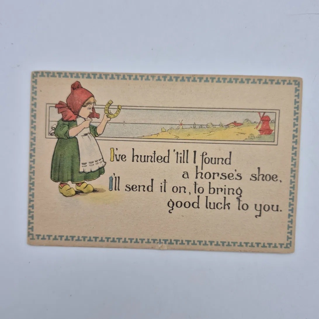 Antique Dutch Girl Horseshoe Good Luck Postcard Samson Bros Unused c1910s