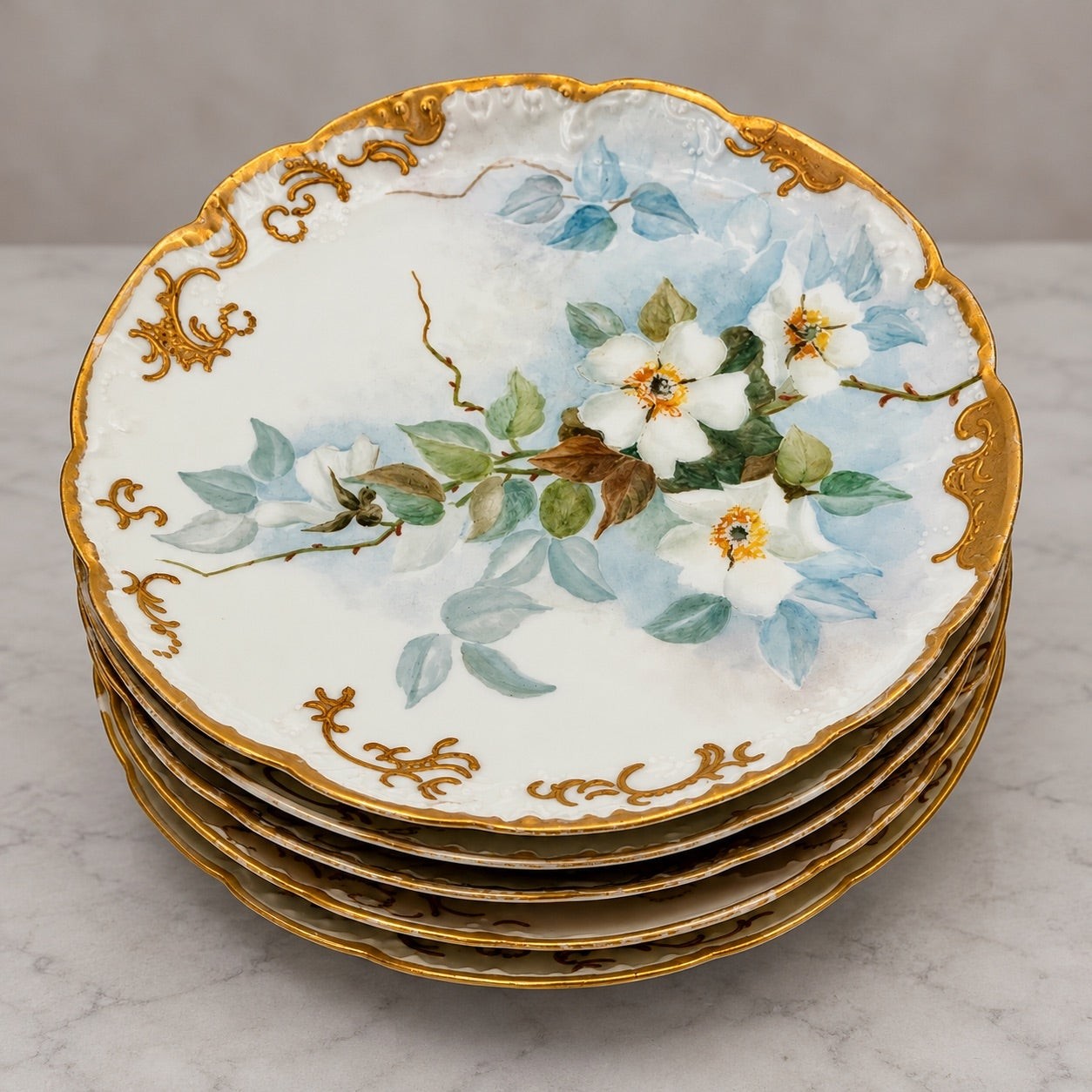 Antique Haviland Limoges Dessert Plates Floral Gold Set of 5 Hand Painted