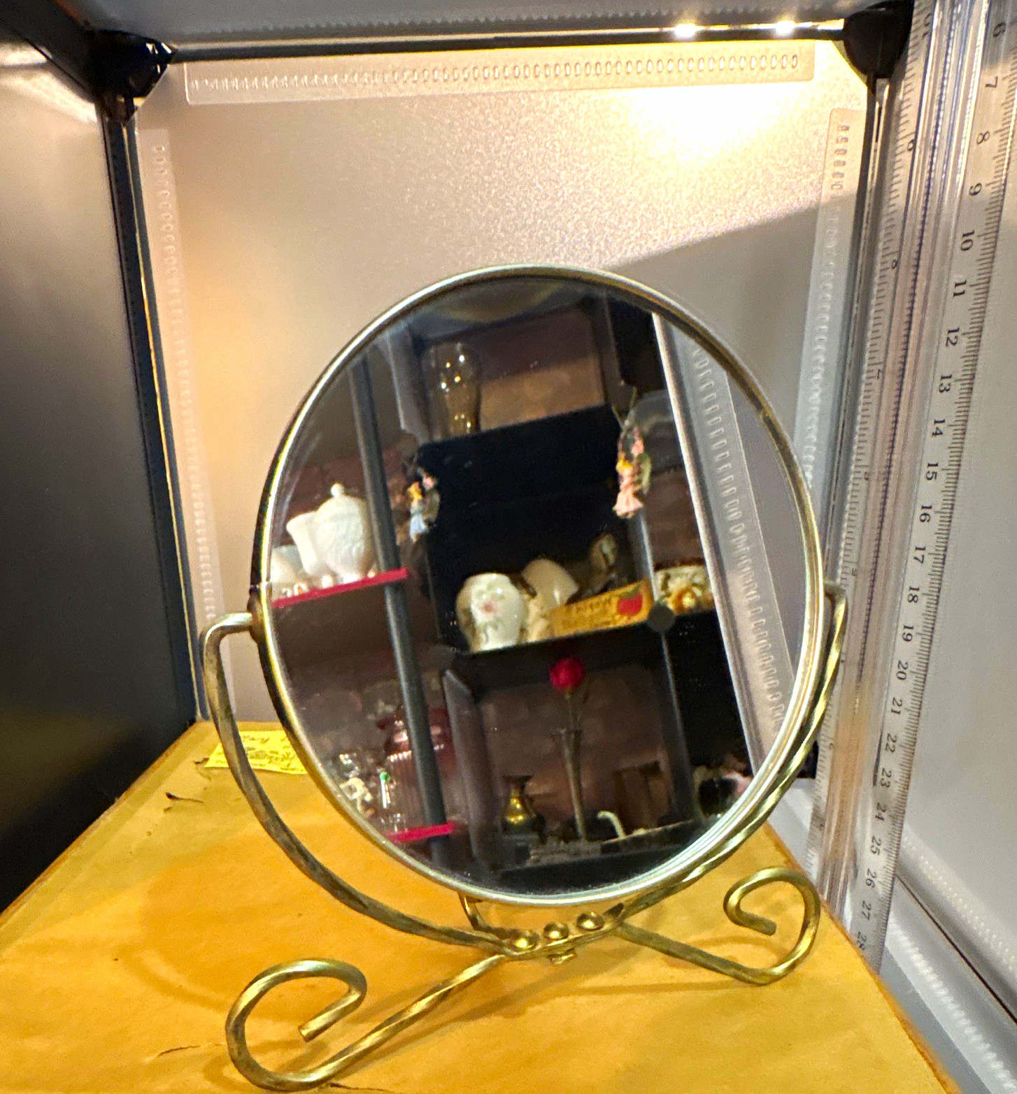 Vintage Round Tabletop Vanity Mirror, Ornate  Frame, Scrolled metal Stand