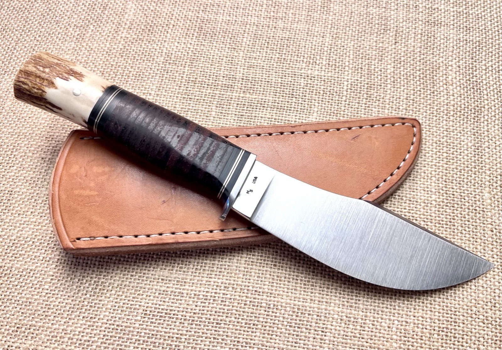 RARE Custom Master Smith PJ Tomes Scagel Hunter Knife Leather Stag Handle Sheath