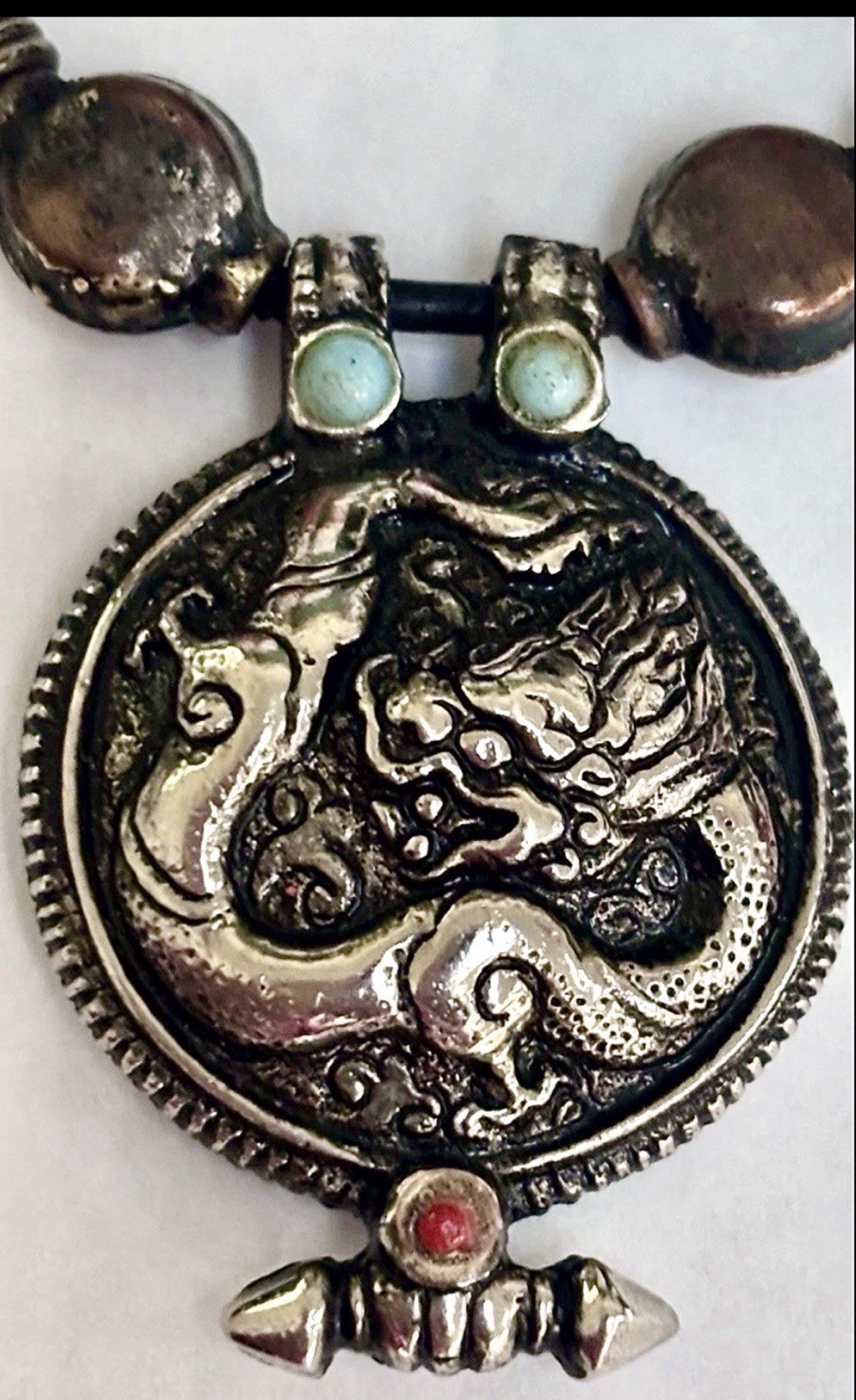 Vintage Tibetan Silver Dragon Medallion Necklace Turquoise Coral Pendant