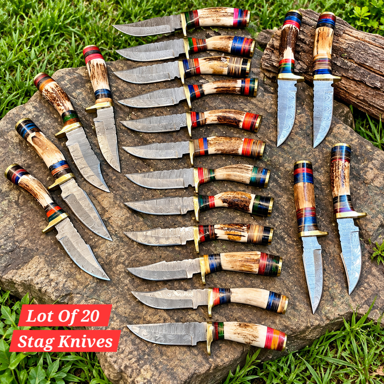 LOT OF 20 CUSTOM HANDMADE DAMASCUS HUNTING. SKINNING.  WITH LEATHER SHEATH