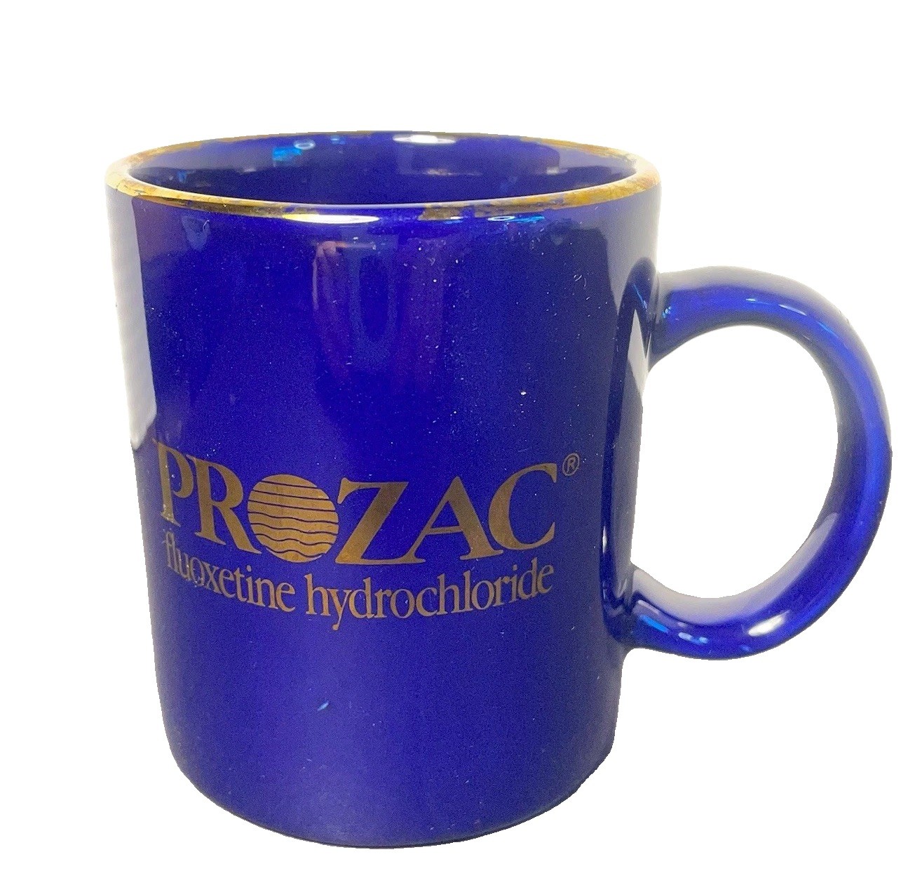 Prozac Mug Pharmaceutical Advertising Blue Gold Rim Coffee Cup Linyi Vintage Prozac Mug Pharmaceutical Advertising Blue Gold Rim Coffee Cup Linyi Vintage