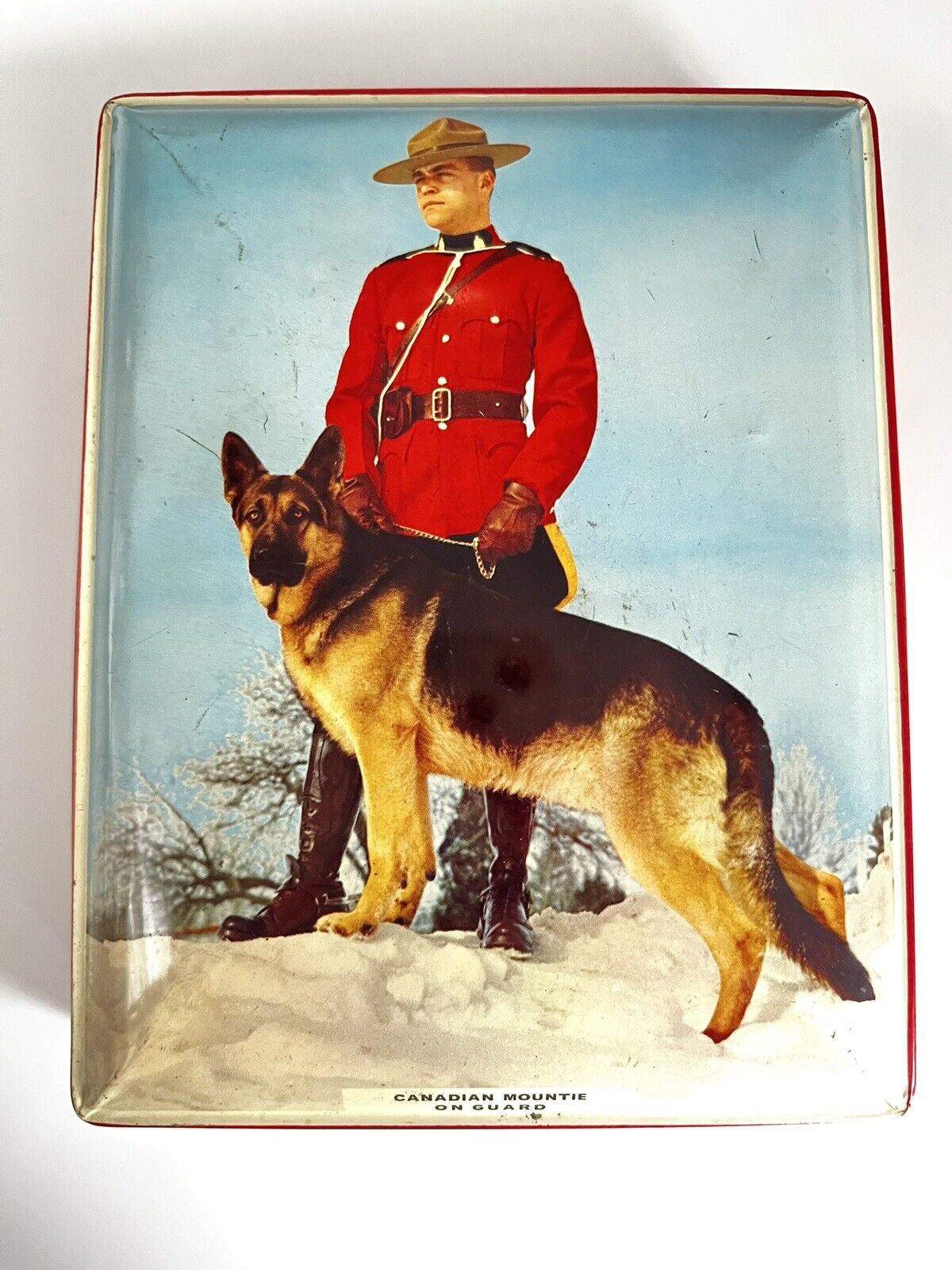 Vintage Riley Brothers Toffee Tin Metal Candy Box Canadian Mountie Shepherd Dog