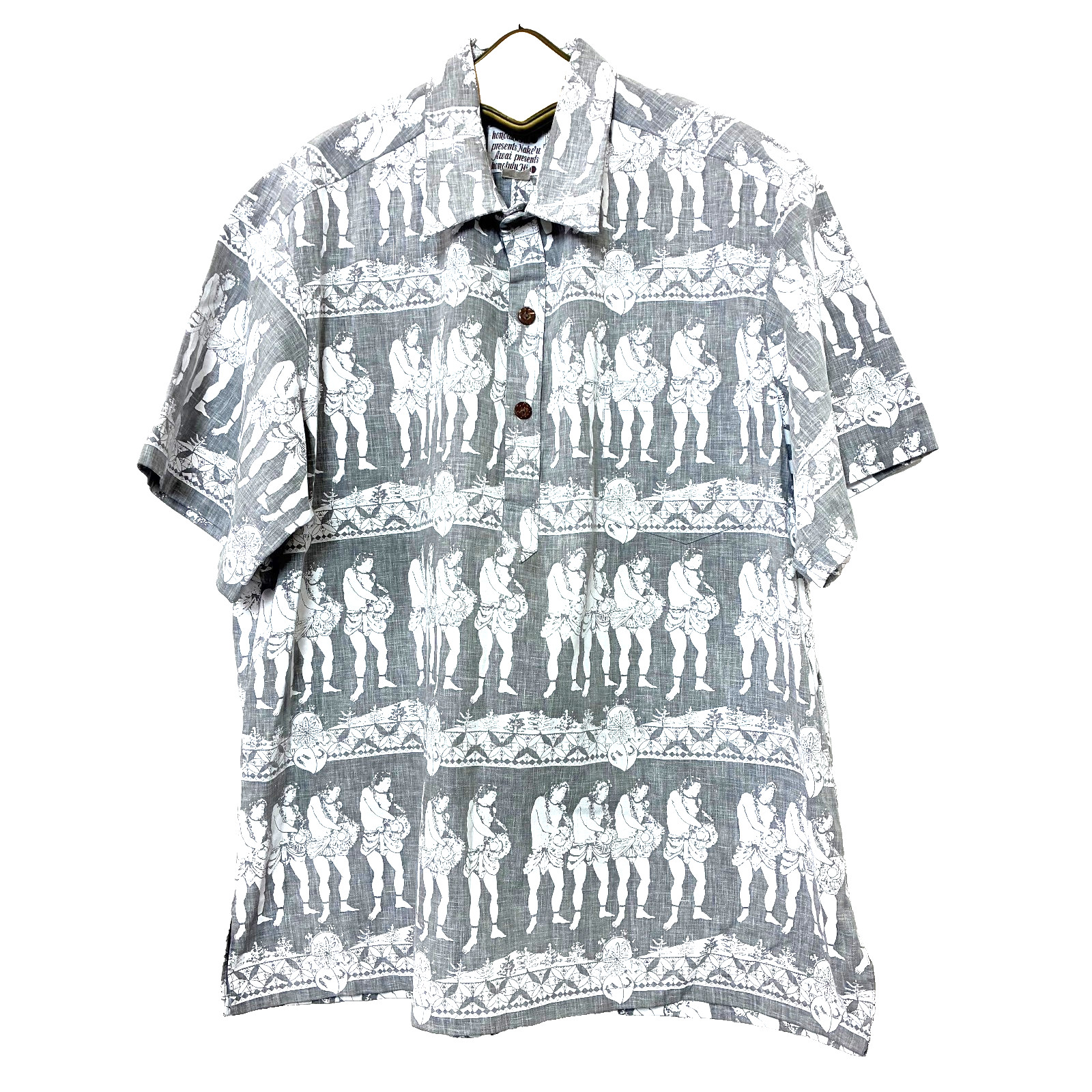 Nake\'u Awai Honolulu Hi Hawaiian Aloha Shirt White Dancing Men on Gray Size 3X