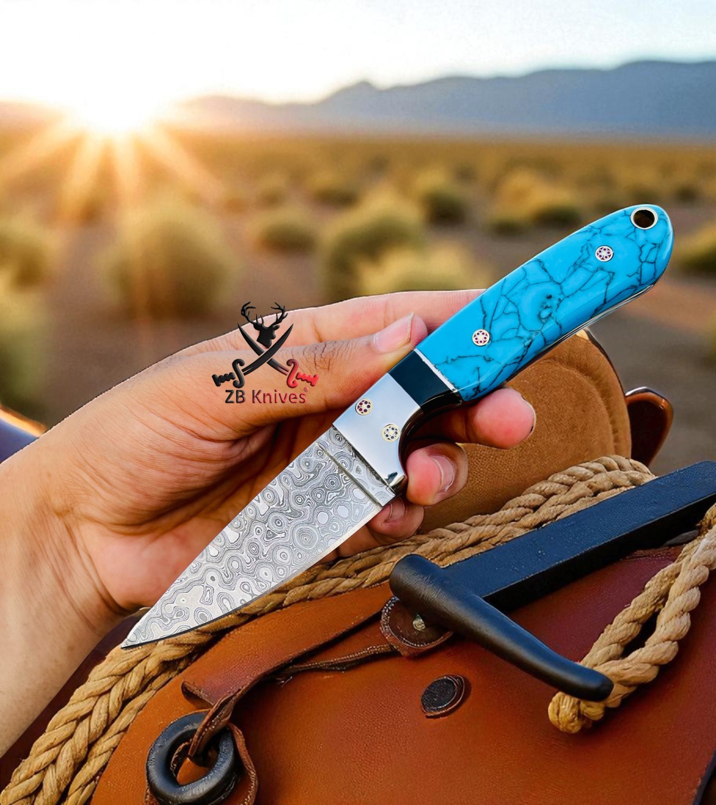 Handmade Damascus Steel Cowboy Knife: Turquoise Stone Handle, Western Sheath