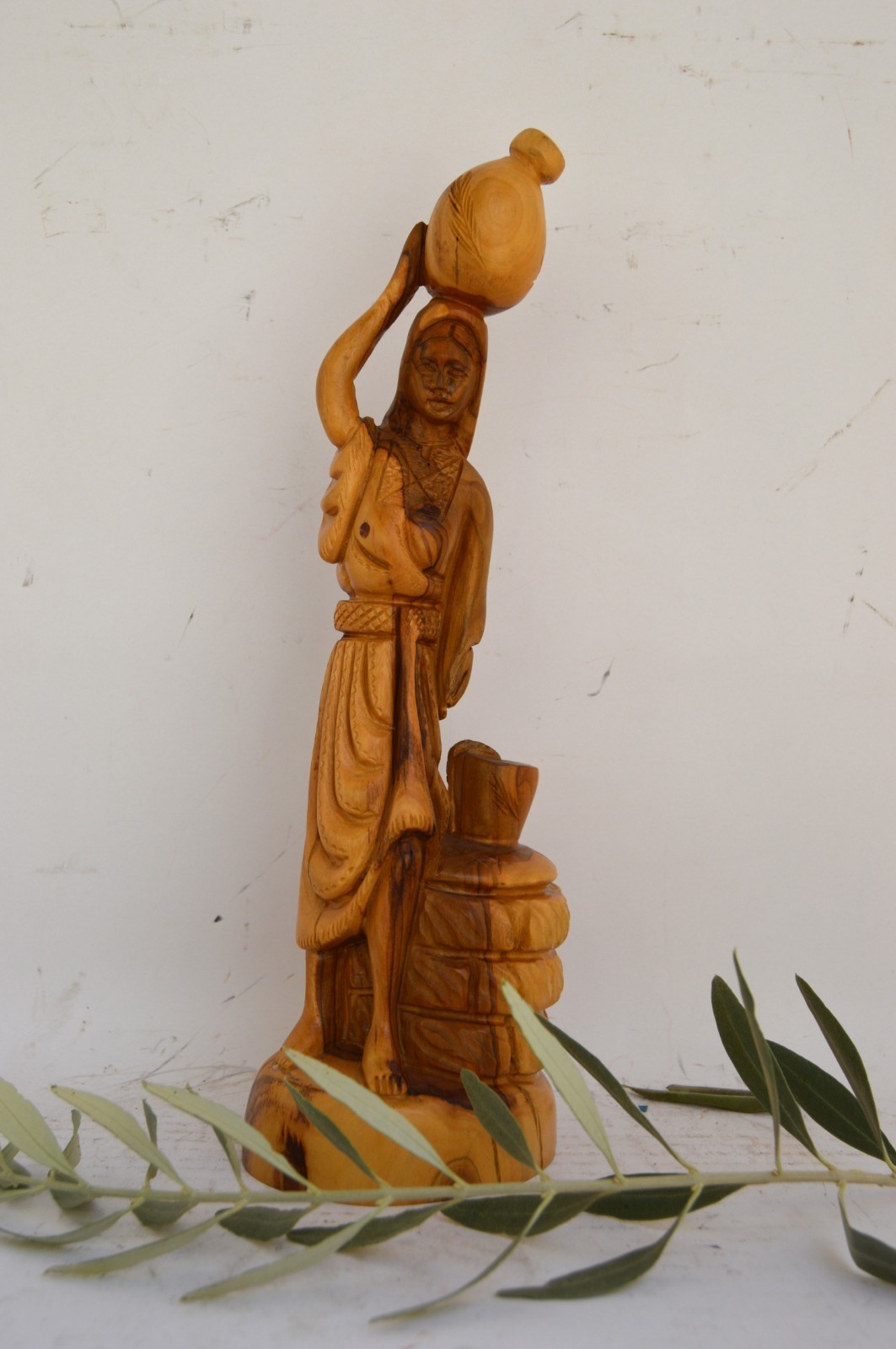 Vintage Hand-Carved Olive Wood Figurine – Woman Carrying Water Jar – Traditional