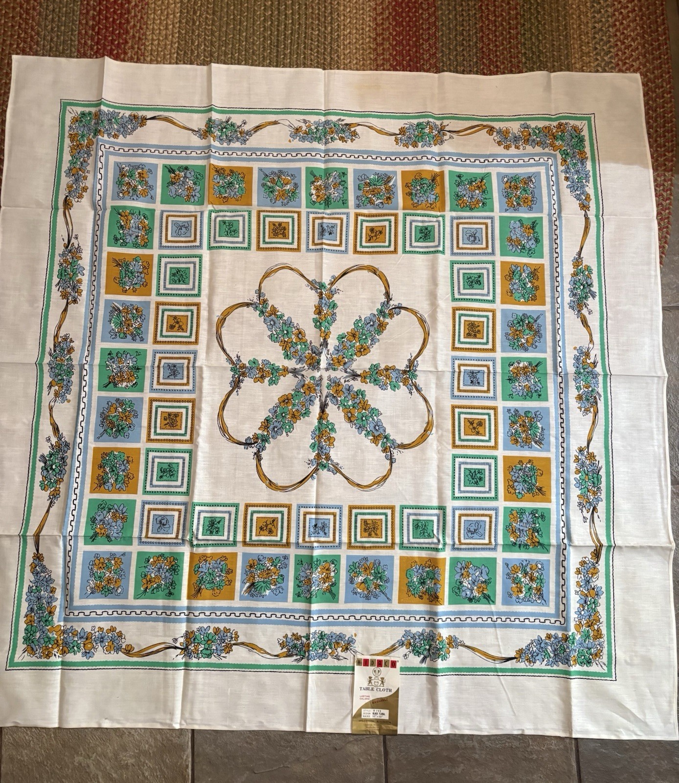 Vintage Tablecloth Paper Tag Attached Green Blue Yellow Floral Flaws Read