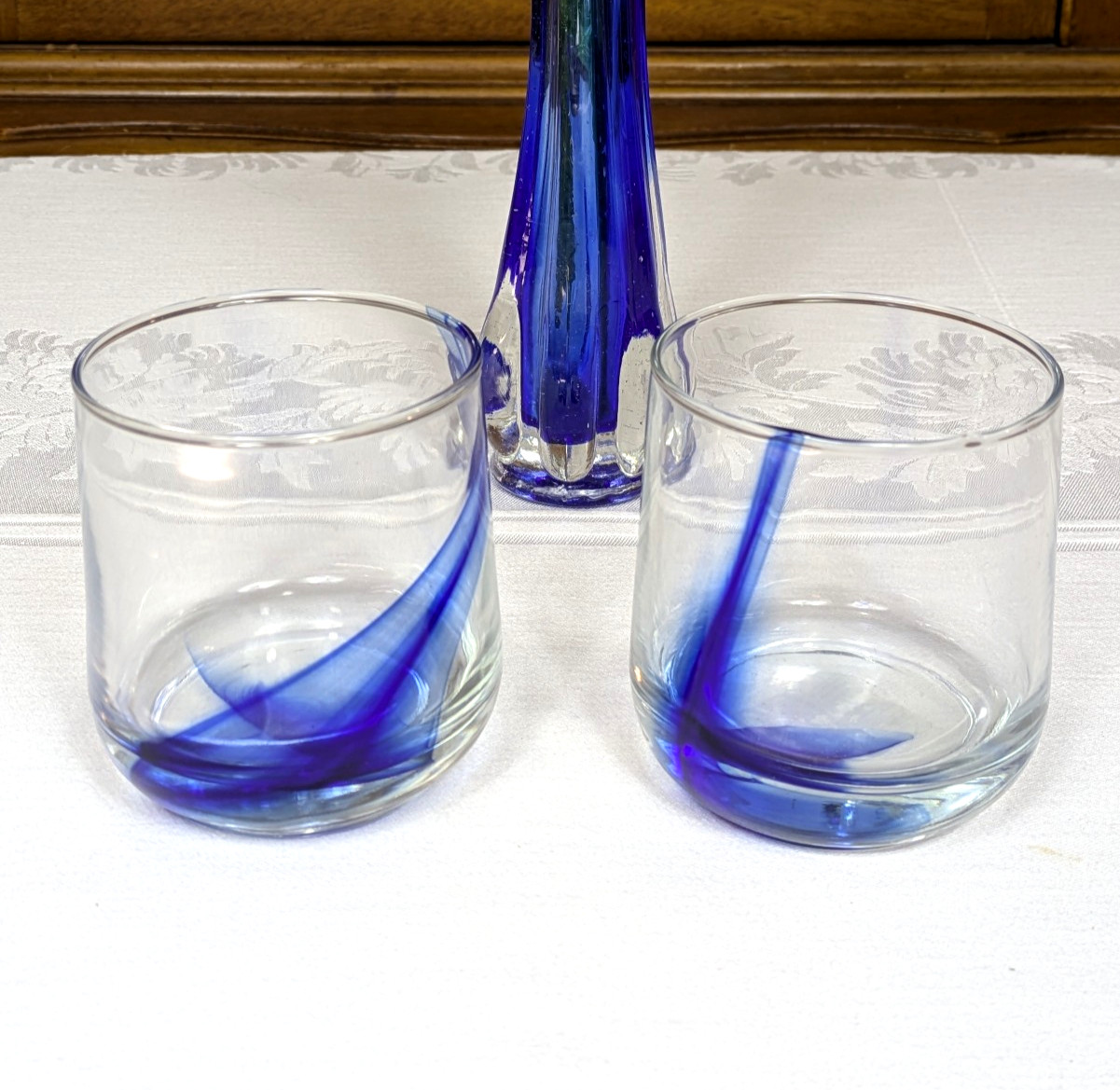 2 Greenbrier Cobalt Blue Ribbon Burst Drinking Glasses Old Fashioned Cocktail