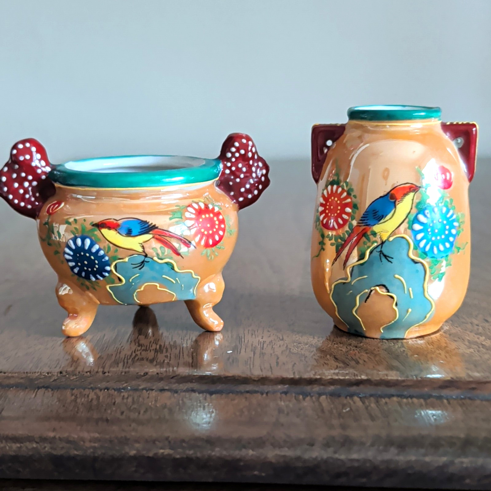 Set of 2 Small Hand Painted Ceramic Bird Floral Vases Glossy Made in Japan Set of 2 Small Hand Painted Ceramic Bird Floral Vases Glossy Made in Japan