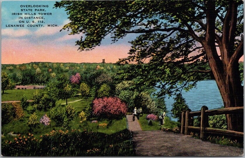 c1940s HAYES STATE PARK, Michigan Postcard Panorama View w/ Irish Hills Tower