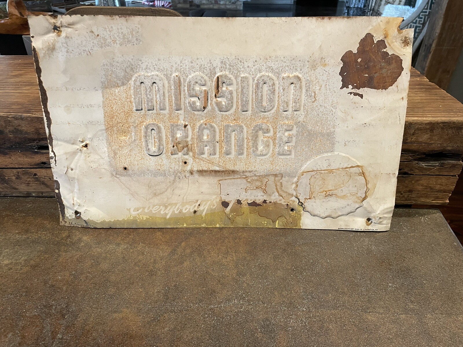 VINTAGE RARE DRINK MISSION ORANGE California Sunshine Flavor Embossed Metal Sign