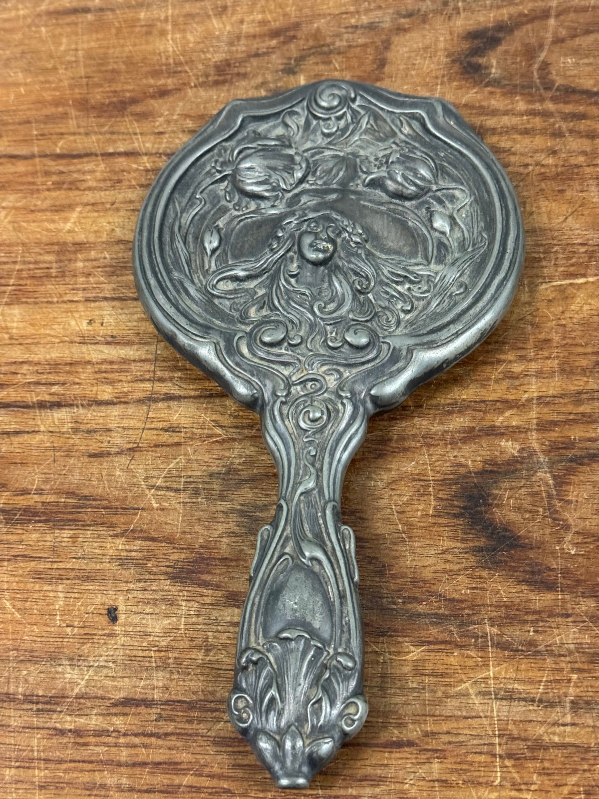 Antique Pewter Art Nouveau Victorian Boudoir Lady Flower Vanity Mirror